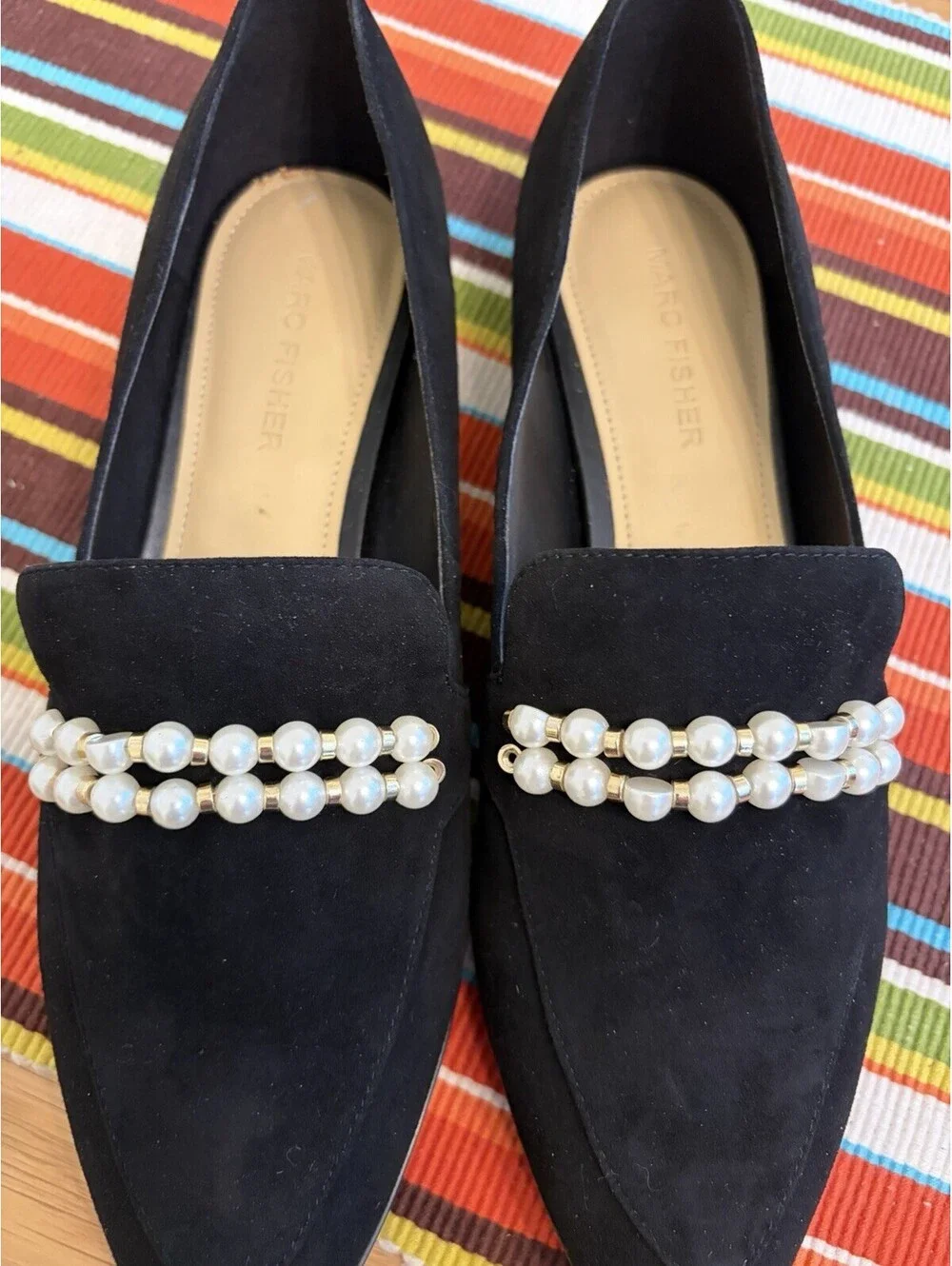 Marc Fisher Women's 7.5M Kneel Pearl Embellished Flat Loafer Black Suede